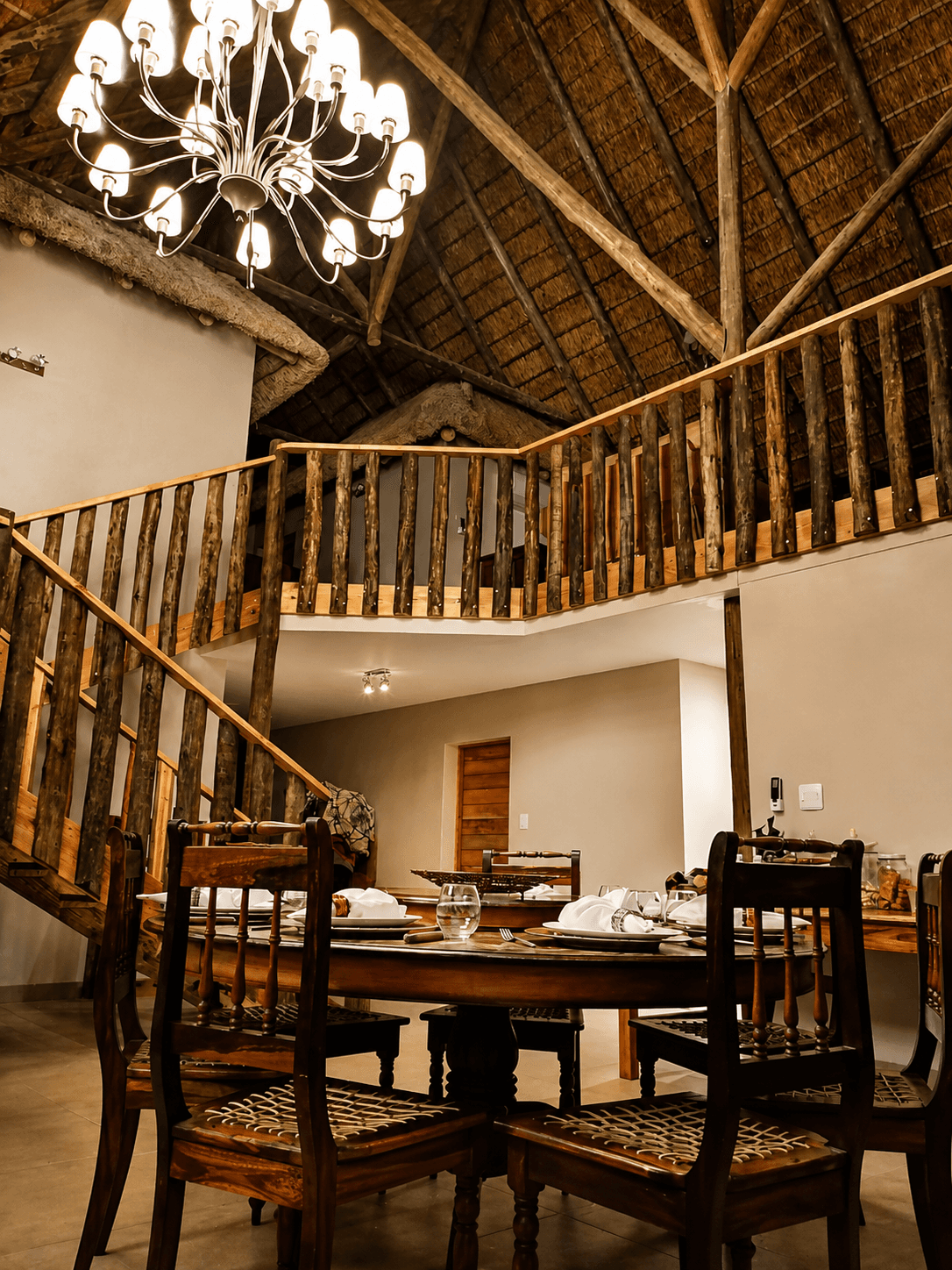 Thatched-roof lounge with chandelier and wooden loft staircase at the Bougasvlei lodge